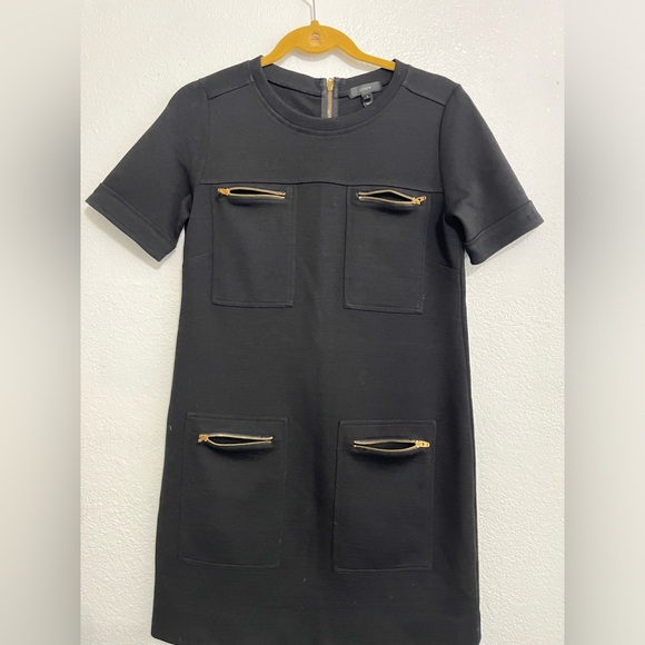 J Crew Solid Black Gold Zipper Accent Wool Blend Short Sleeve Shift Dress Size 2 - Picture 4 of 10